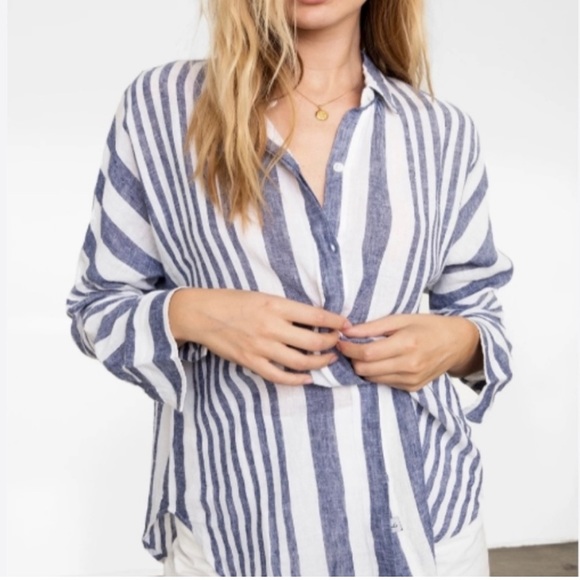 Rails Alyssa Bay Stripe Top Buttons down Linen Shirt Size Small Preowned - Picture 2 of 14